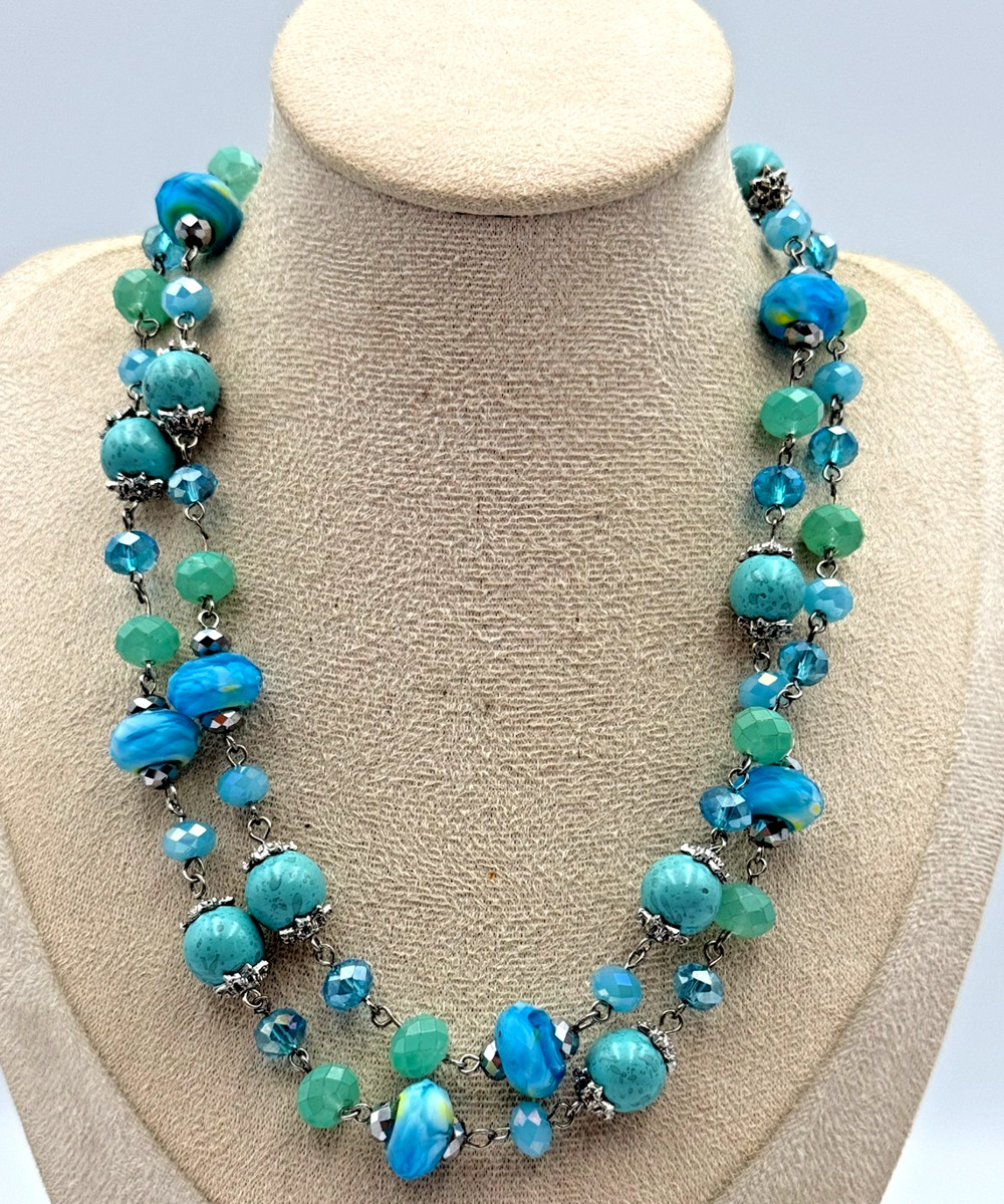 Silver Tone 39.5" X Long Blue Aqua Turquoise Faceted Art Glass Bead Necklace